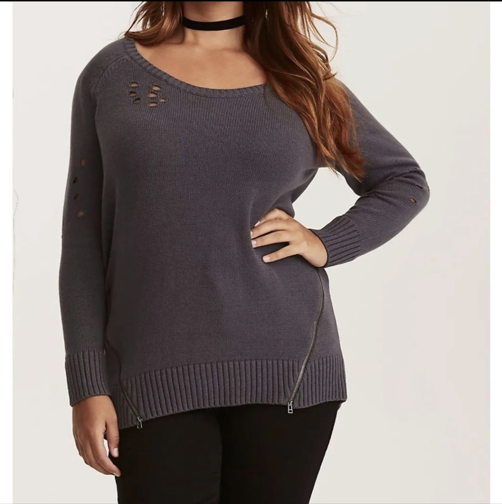 Torrid Grey Distressed Zip Sides Knit Sweater